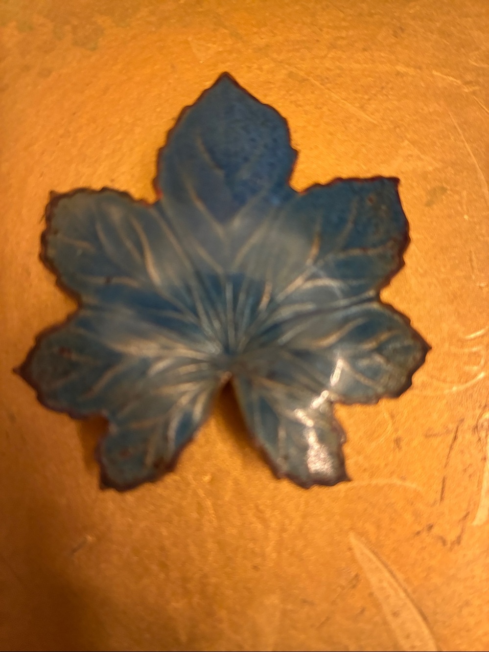 Vintage Mid Century Blue Enamel on Copper Leaf Brooch Pin